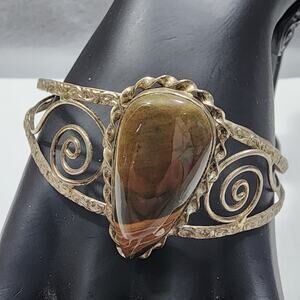 Handmade Brown Tear Drop Agate Stone Silver Tone Wire Open Work Cuff Bracelet